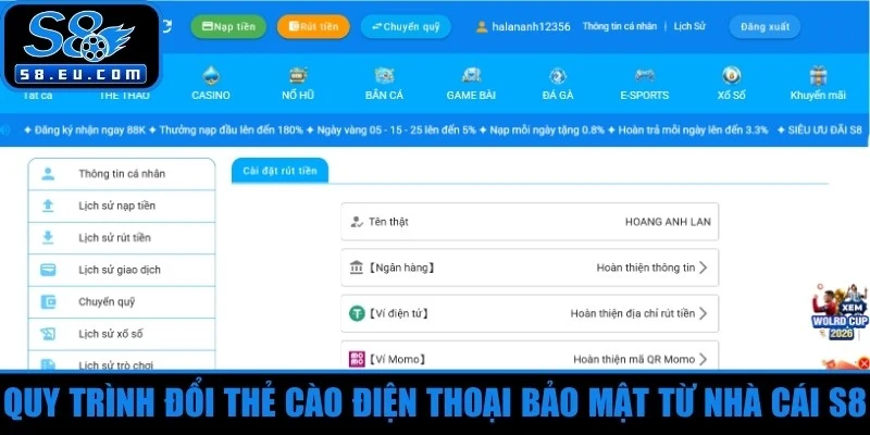 Quy trình đổi thẻ cào điện thoại bảo mật từ nhà cái S8